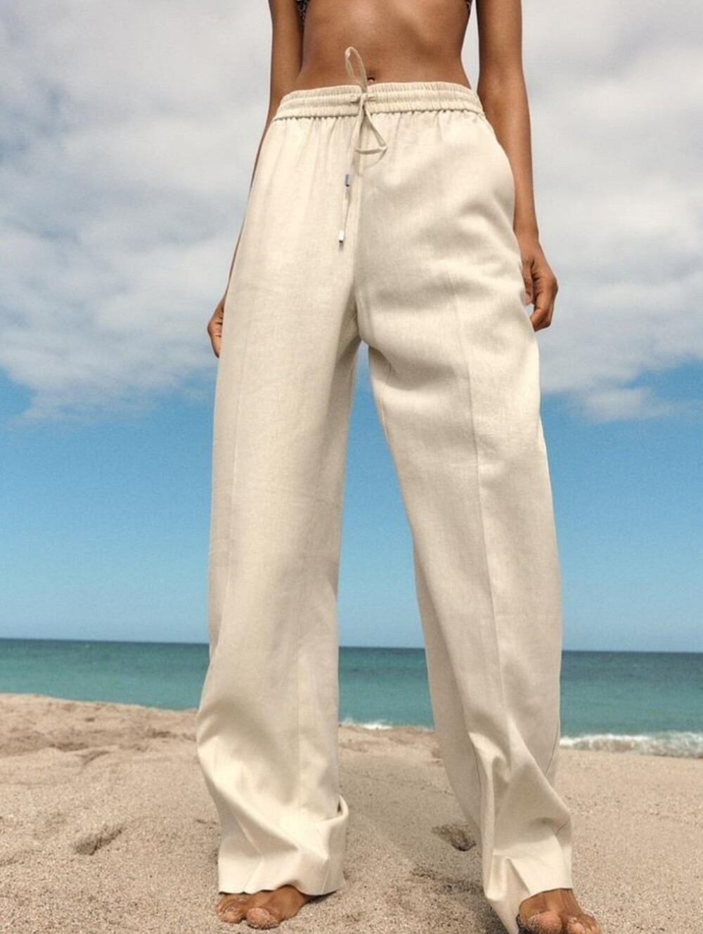 Zara Linen Blend Wide Leg Pants Beige Size S